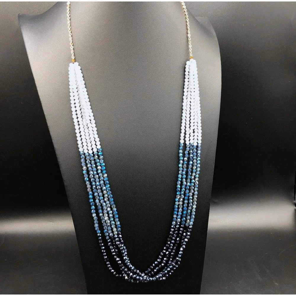 Glass Multi Strand Necklace Long Ombre Blue AB Faceted Bead Boho Gold Tone Chain